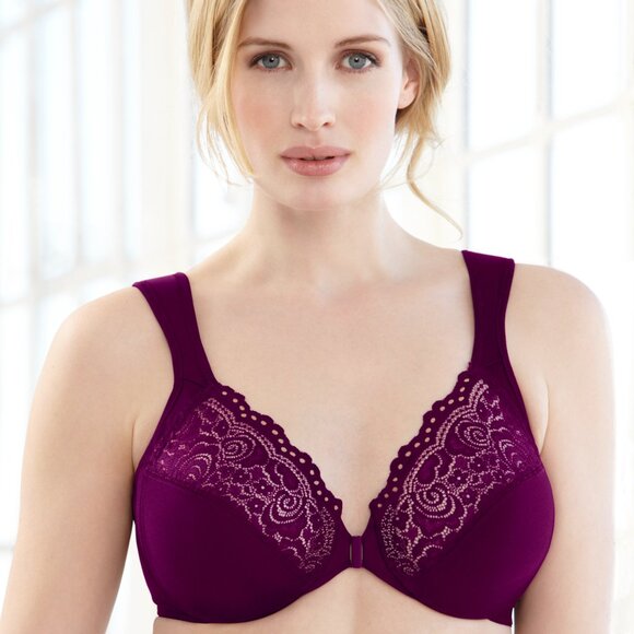 WONDERWIRE Bra 34C FRONT-CLOSE (Shapes Sides Too!) WIDE-STRAPS Purple NEW SEALED - Picture 2 of 16
